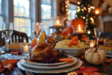 Festive Thanksgiving Dinner Table Setting with Traditional Decorations