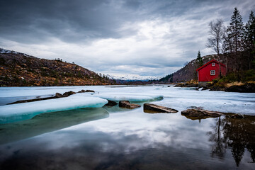 Winter Lake and Red Cabin Norway Landscape