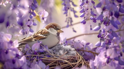 Small sparrow perches attentively on a twig nest surrounded by cascading clusters of vibrant purple wisteria flowers in soft light.