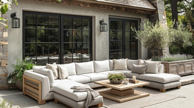 Stylish Outdoor Seating - Grey outdoor sofa with white cushions, a light wood coffee table, and potted plants around