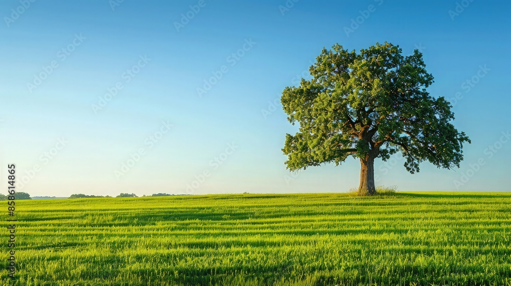 Poster lush green field under a clear blue sky with a single majestic oak tree in the foreground, creating 