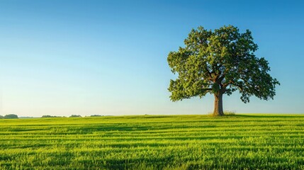 Lush green field under a clear blue sky with a single majestic oak tree in the foreground, creating a serene and balanced landscape. Great as a background or web banner.