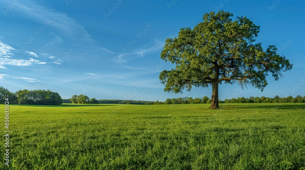 Poster lush green field under a clear blue sky with a single majestic oak tree in the foreground, creating 