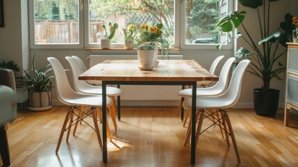 Modern Dining Set - Light wood table with black metal legs, white chairs with light wood legs, and a simple centerpiece of fresh flowers