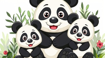 Naklejka premium A delightful image of a happy panda family cuddling together, surrounded by lush green plants. The image is filled with joy, showcasing their bond and warmth.