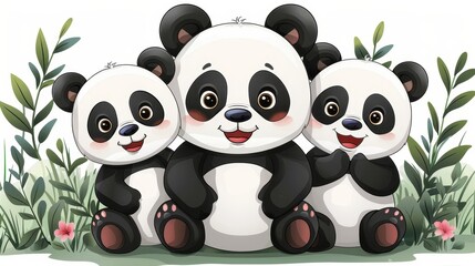 Obraz premium A cute panda family with three pandas sitting together in the greenery, all wearing bright smiles. This illustration embodies love, joy, and familial warmth in nature.