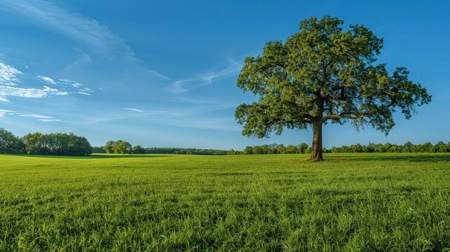 Lush green field under a clear blue sky with a single majestic oak tree in the foreground, creating a serene and balanced landscape. Great as a background or web banner.