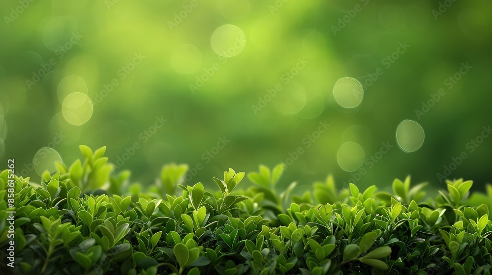Poster small green bushes in the foreground with a backdrop of smoothly blurred green, the bokeh effect add