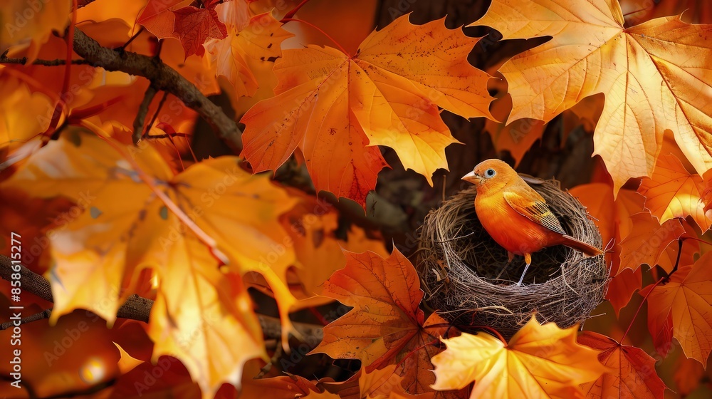 Poster soft orange orioles in a nest among the fiery orange leaves of a maple tree in fall, creating a warm