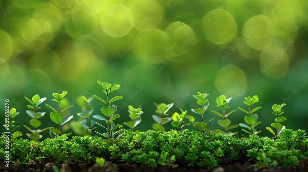 Poster small green bushes in the foreground with a backdrop of smoothly blurred green, the bokeh effect add