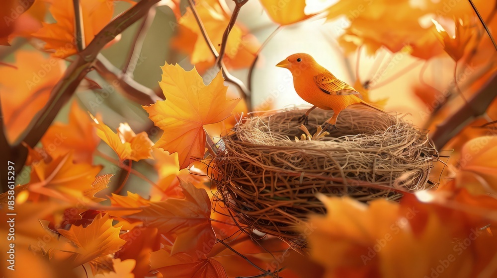 Poster soft orange orioles in a nest among the fiery orange leaves of a maple tree in fall, creating a warm