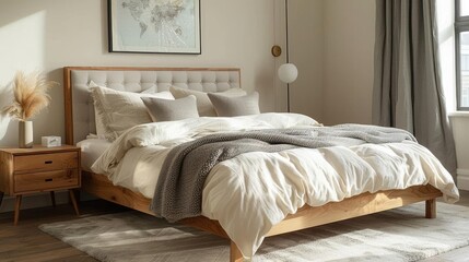 Stylish Bedroom Decor - Light wood bed frame with white linens, grey throw pillows, and a minimalist nightstand with a small lamp