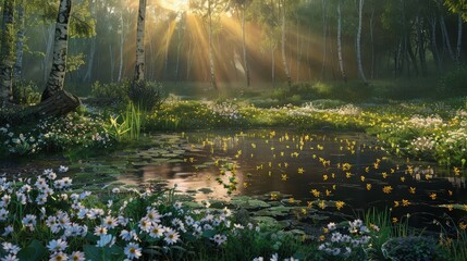 Fototapeta premium Bright sun rays filter through birch trees onto a lush meadow with white wildflowers, ideal for spring advertising banners.
