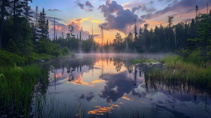 Fototapeta premium Still lake water perfectly reflects the colorful sunset and silhouette of a dense evergreen forest creating a peaceful natural backdrop.