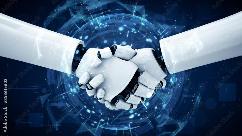 Aufkleber mlp 3d illustration hominoid robot handshake to collaborate future technology development by ai thin