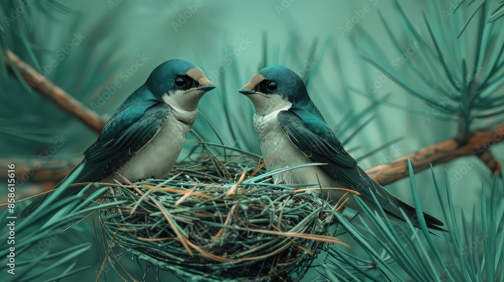 Poster two soft teal swallows in a nest on a pine branch, with the deep teal of the pine needles providing 