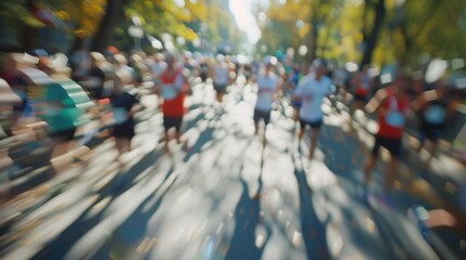 Defocused shots reveal the diverse mix of participants in the city marathon coming together for a common goal.
