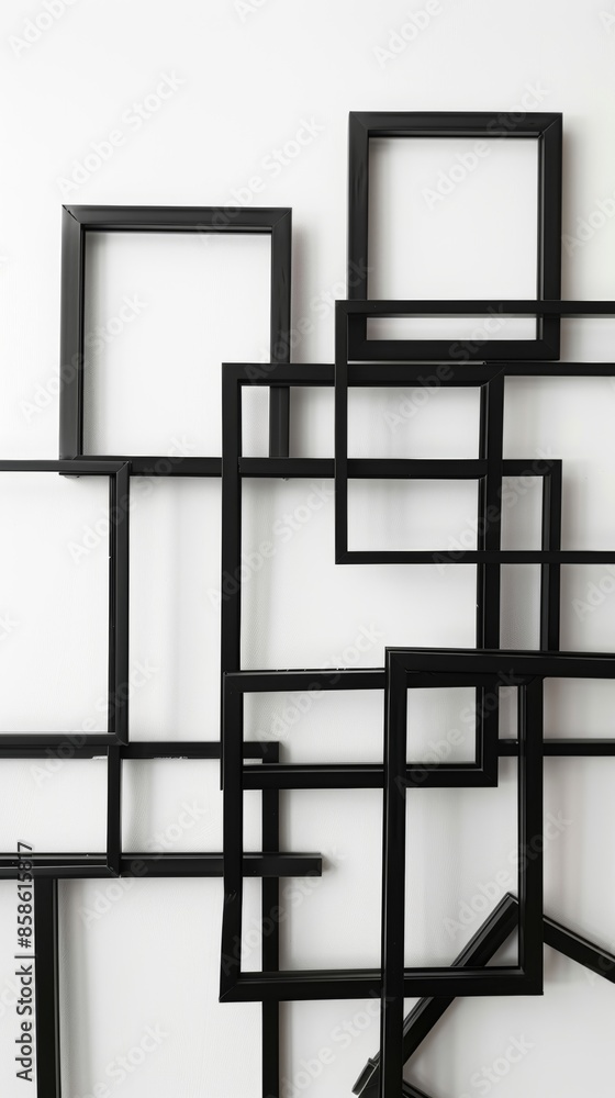 Poster a series of bold black frames in varying sizes and geometric shapes arranged on a stark white backdr