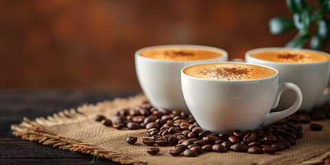 Fototapeta premium Two white coffee cups filled with frothy coffee, surrounded by scattered coffee beans on a wooden surface, with a warm, neutral background. Perfect for coffee and cozy moments themes.