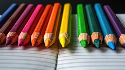 Naklejka premium Colorful crayons in an empty notebook