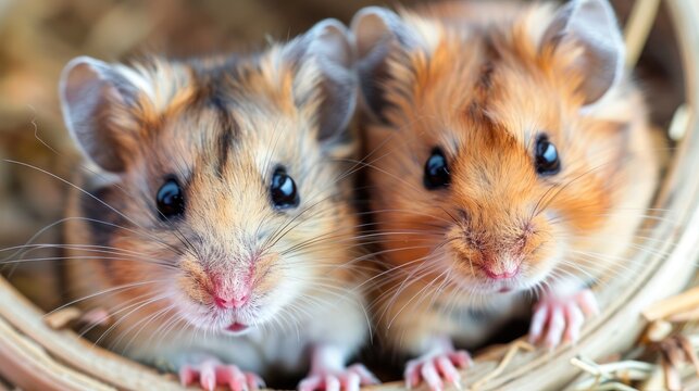 Syrian hamsters on a wheel close up of red and beige muzzles
