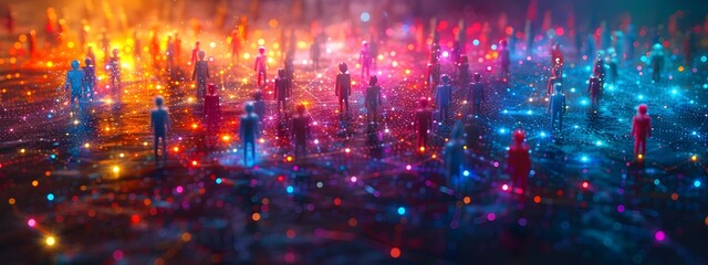 Fototapeta premium Ethereal 3D rendered constellation of stylized humanoid forms connected by a shimmering grid depicting the interwoven social fabric and harmonious coexistence of a vibrant