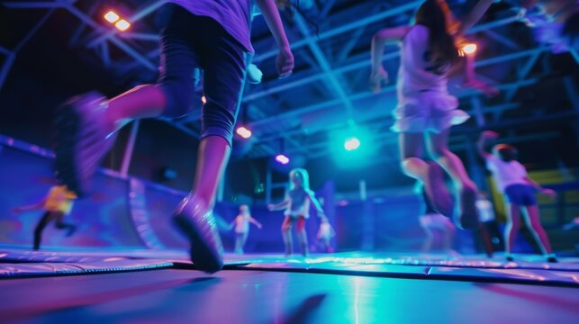 Unfocused vision of kids jumping and flipping in an indoor trampoline park.