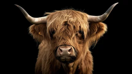 Keuken achterwand Schotse hooglander Close up portrait of a horned Highland Cattle on black background  © TheWaterMeloonProjec