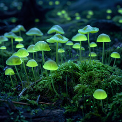 Glowing green mushrooms growing on mossy ground, illuminated in the style of black light.Minimal creative food concept