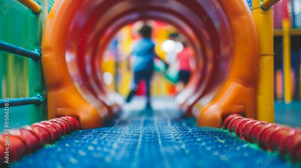 Poster defocused view of kids navigating a maze of obstacles and tunnels in an indoor playground.