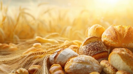 Assorted fresh bread on wheat field background