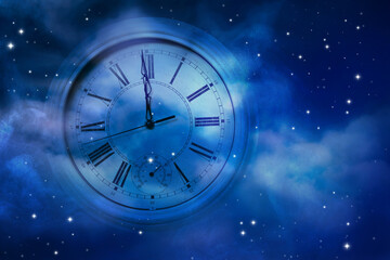 Clock and night starry sky, double exposure. Time concept