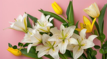 Obraz premium Arrangement of white lilies yellow tulips and green leaves on pink background with text space Top view display