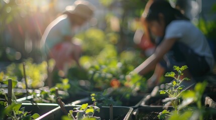 Blurry scene of people tending to plants and vegetables together.