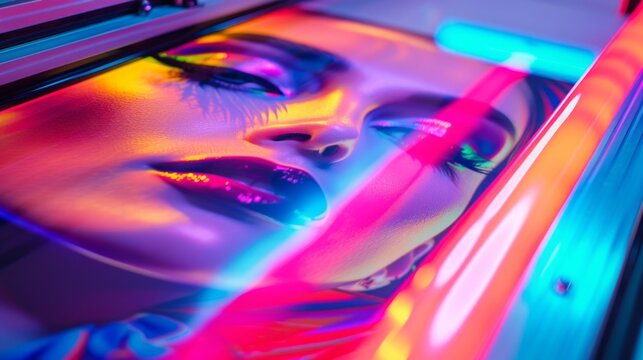 Vibrant commercial poster photo that features sleek, art UV printer in the process of printing vivid, colorful photo of art woman portrait
