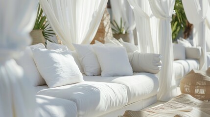 The beach cabana is transformed into a serene and luxurious space with billowing white fabric and comfortable seating for lounging and relaxation.