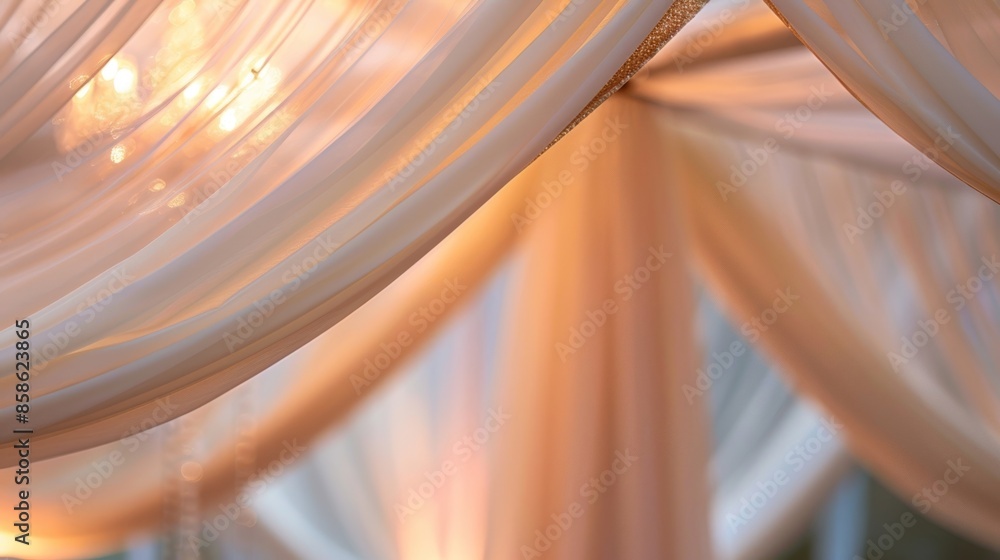 Poster a delicate tapestry of fabric ds from the center of the pavilion adding an elegant touch.