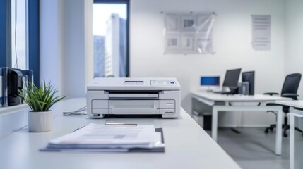 New modern printer and office supplies on wooden table