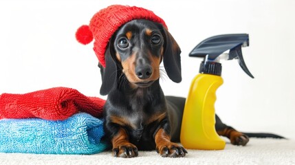 Dachshund puppy in red hat with cleaning supplies pointing away on white background