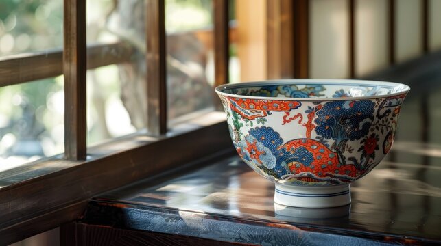 Classic Japanese Imari Ware Rice Bowl Displayed on Lacquered Shelf with Soft Focus Background