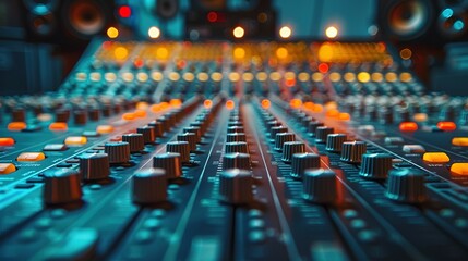 colorful music audio mixing board in closeup of a recording, audio track background in a dark recording, industrial machinery aesthetics, multimedia, selective focus, brightly colored
