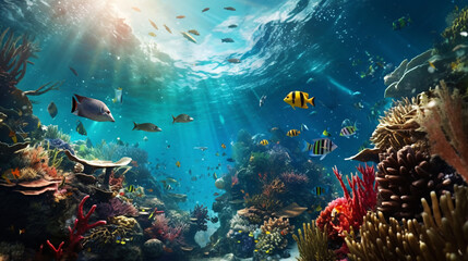 Vibrant Underwater Coral Reef Scene with Colorful Tropical Fish and Lush Marine Life in Clear Blue Ocean Waters