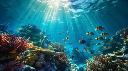Vibrant Underwater Coral Reef Scene with Colorful Tropical Fish and Lush Marine Life in Clear Blue Ocean Waters