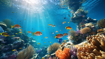 Obraz premium Vibrant Underwater Coral Reef Scene with Colorful Tropical Fish and Lush Marine Life in Clear Blue Ocean Waters