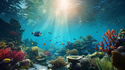 Vibrant Underwater Coral Reef Scene with Colorful Tropical Fish and Lush Marine Life in Clear Blue Ocean Waters