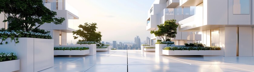 Fototapeta premium Modern urban rooftop terrace with city skyline view, sleek white architecture, lush green plants, and a peaceful atmosphere.