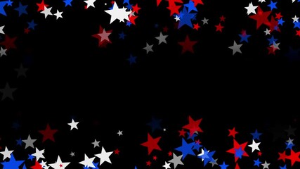 Red and blue stars floating from top and bottom on black background for USA celebrations like 4th of July, Memorial Day, Veteran's Day, or other patriotic US American holidays.