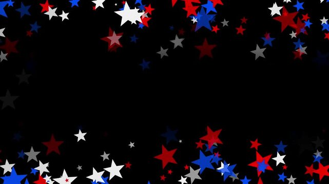 Red and blue stars floating from top and bottom on black background for USA celebrations like 4th of July, Memorial Day, Veteran's Day, or other patriotic US American holidays.