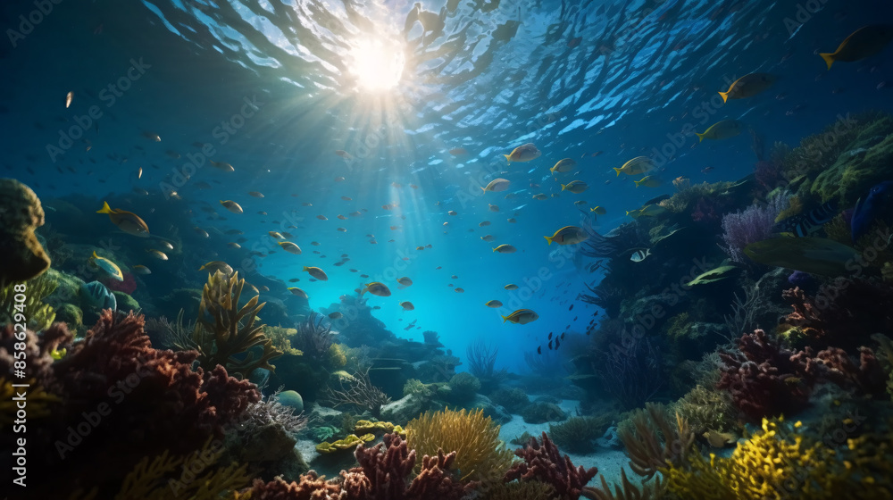 Wall mural Vibrant Underwater Coral Reef Scene with Colorful Tropical Fish and Lush Marine Life in Clear Blue Ocean Waters