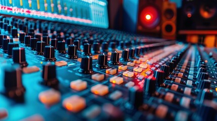 colorful music audio mixing board in closeup of a recording, audio track background in a dark recording, industrial machinery aesthetics, multimedia, selective focus, brightly colored